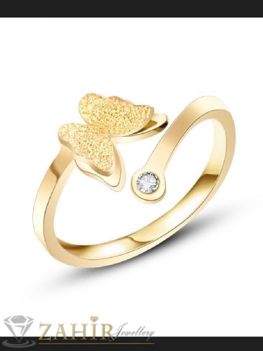 Дамски бижута - Мега як пръстен с триизмерна пеперуда и кристал , неръждаема стомана ,златно покритие - P1587